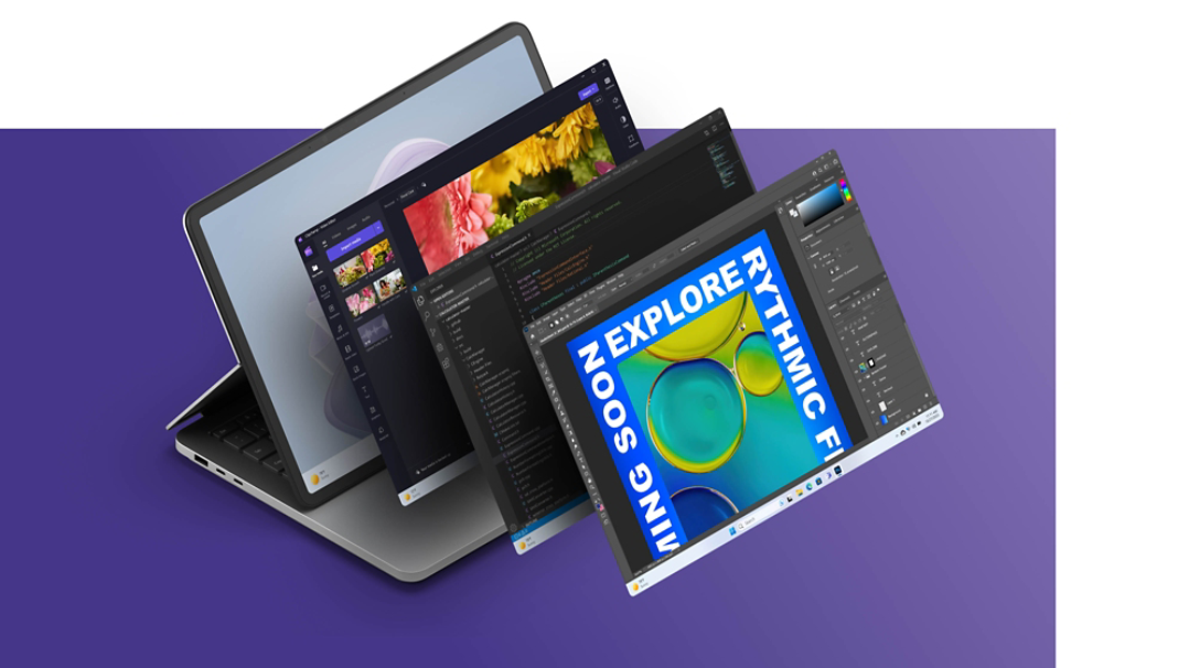 Surface Laptop Studio 2 displaying a Windows bloom screen with Clipchamp, Xbox, and Adobe Photoshop screens stacked in front of the device.