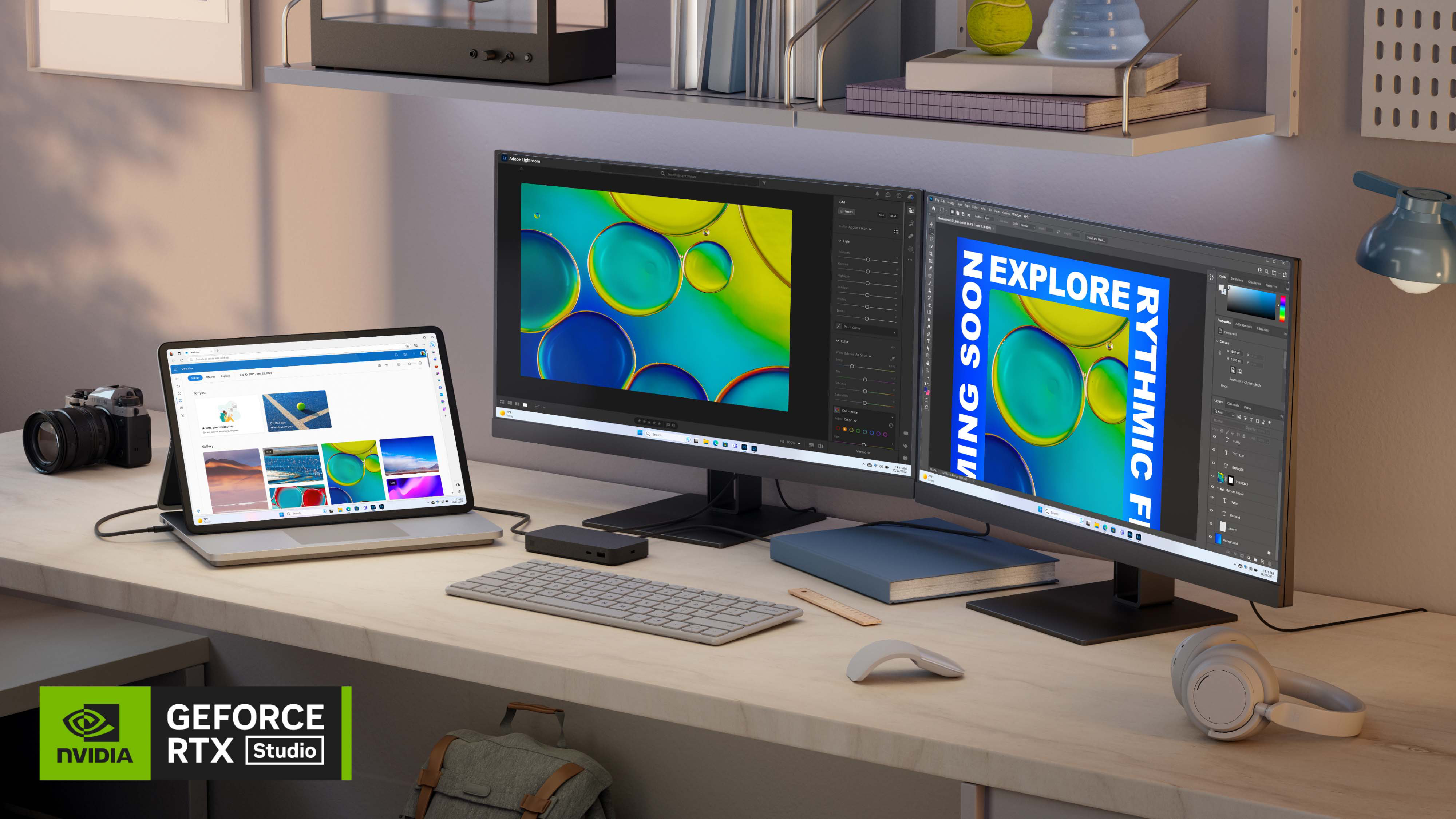 Surface Laptop Studio 2 on a wooden desk powering two external monitors along side an external keyboard, mouse, and headphones.