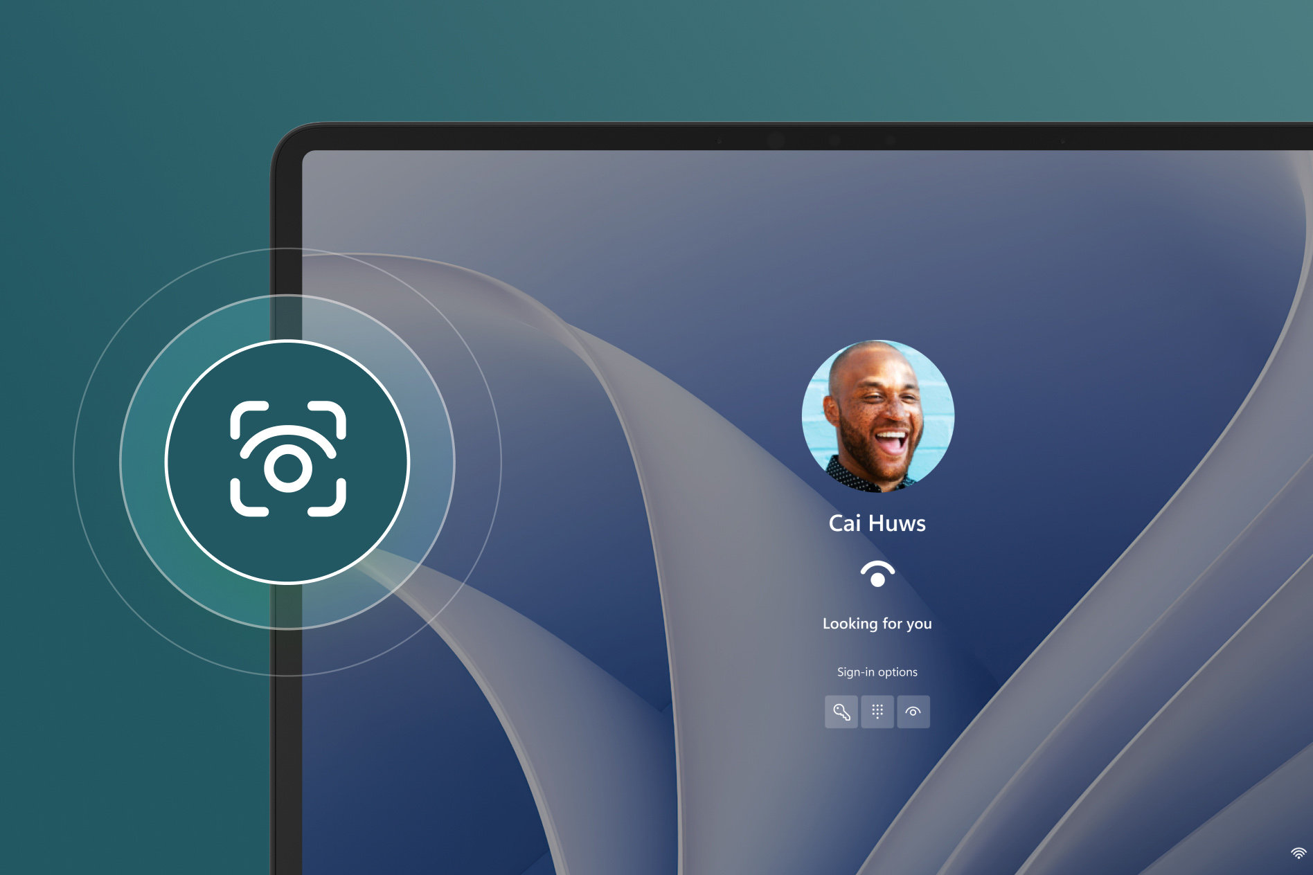 Partial view of Surface Laptop Studio 2 with a Windows Hello log in menu on screen and an eyeball icon floating above the device.