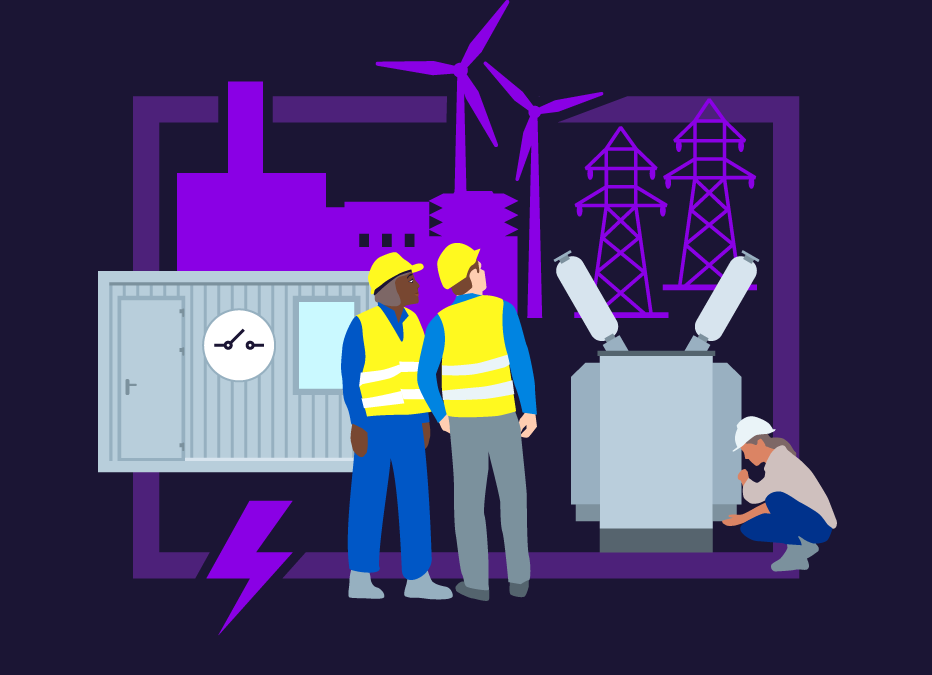 Illustration for 'Electrical balance of plant solutions' showing two people with safety clothing standing in the front and looking towards the back. Behind them is a PCC container and to the right a woman working on a transformer. The illustration is completed with a reduced, shadowy and abstract depictions of a power plant and two power poles in the back.