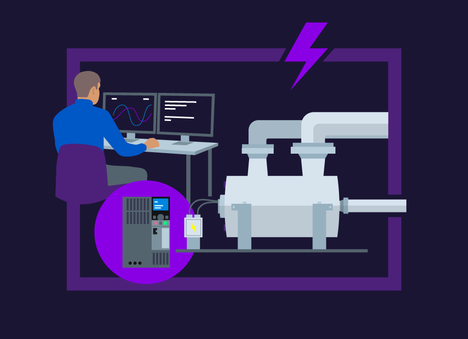 Illustration for ‘Energy saving solutions' showing a man sitting on a desk with two monitors an abstract visualized data. Displayed next to him is a reduced pumping plant with a front view of a Variable Frequency Drive (VFD).