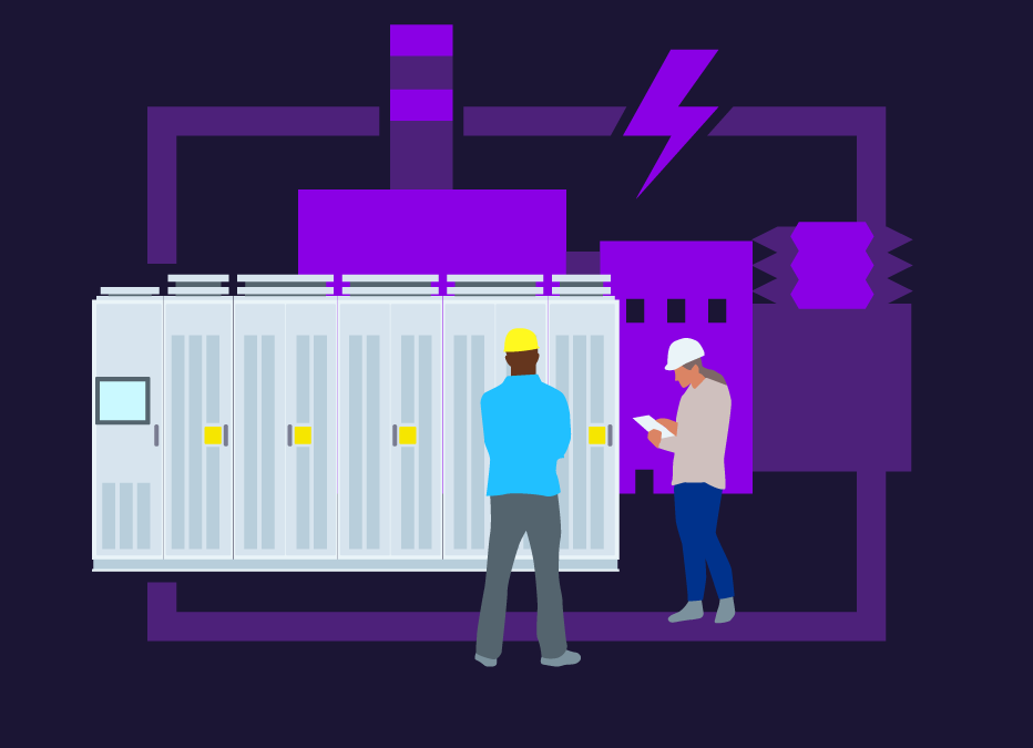 Illustration for the solution ‘Excitation systems' showing a man and a woman in front of a cabinet containing an excitation system with a reduced, shadowy and abstract depiction of a power plant in the background.