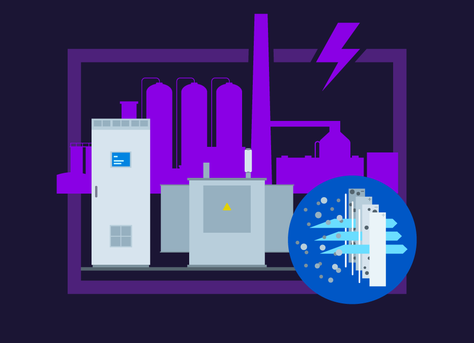 Illustration for the solution 'Electrostatic precipitators' showing a closed electrical cabinet, a transformer and an abstract schematic view of the filtering process with a reduced, shadowy and abstract depiction industrial plant with e-filter and a smokestack in the background.