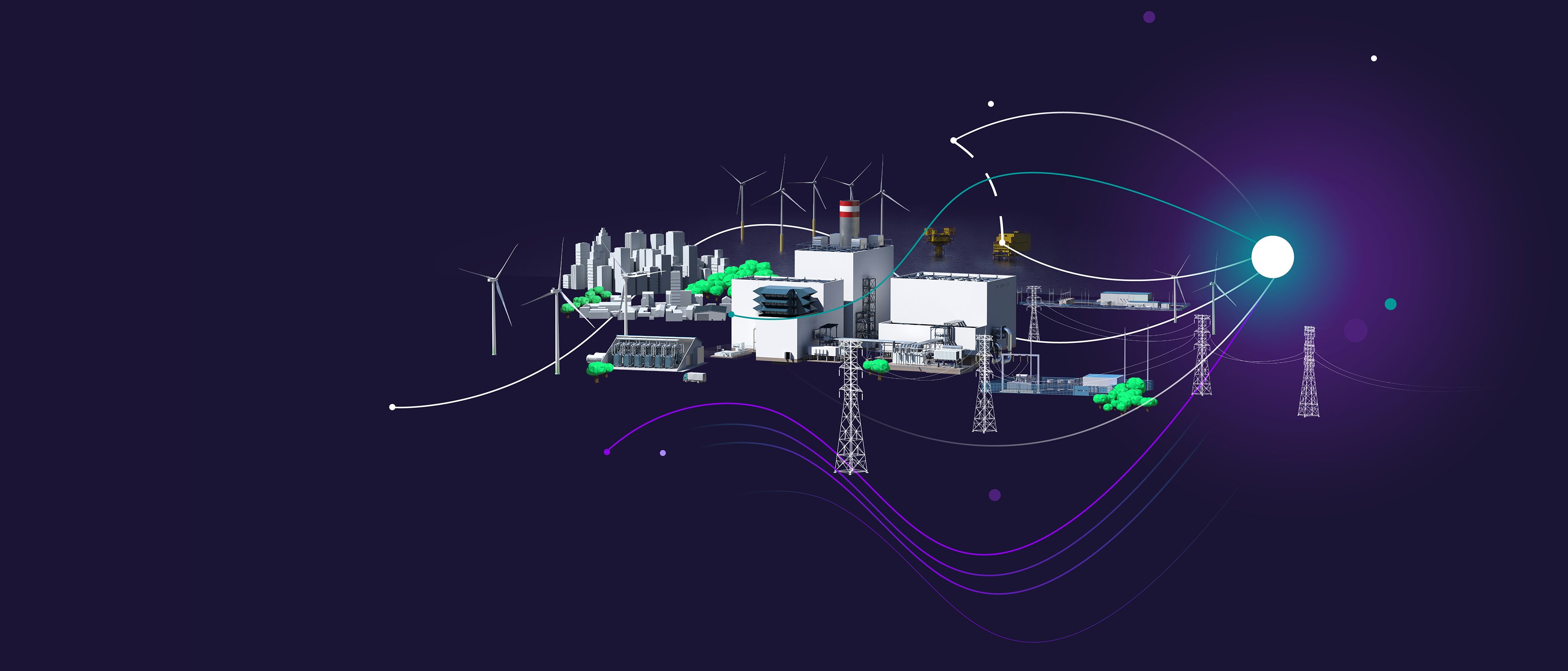 Key visual Omnivise electrical solutions showing a modern but abstract 3D rendered energy landscape with dotsphere.