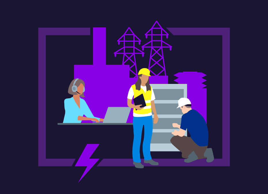 Illustration for ‘Energy saving solutions' showing a remote service assistant on a desk with a notebook and a headset. Next to her is stands a woman in safety clothing with a clipboard and kneels a man in front of a battery working. The illustration is completed with a reduced, shadowy and abstract depictions of a power plant and two power poles in the back.