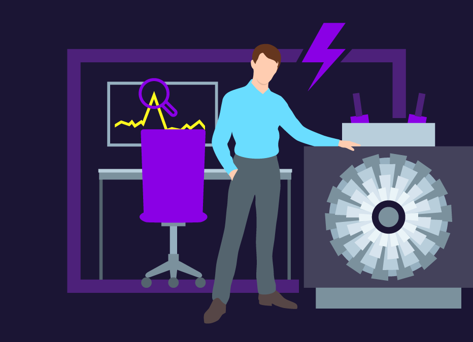 Illustration for the solution ‘Protection and synchronization' showing a man standing next to a generator (front view) with one hand resting on top of it. In the back is a working desk with some abstract visualized data on one screen.