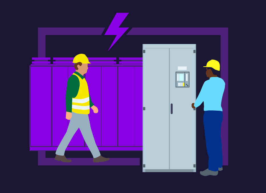 Illustration for the solution ‘High speed busbar transfer system' showing a closed electrical cabinet with one man standing in front of it and another man with safety clothing walking towards him. The illustration is completed with a reduced, shadowy and abstract depictions of further closed electrical cabinets in the background.